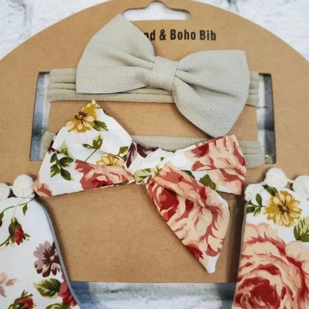 Boho Vintage Inspired Reversable Baby Bib with Matching Headbands Baby Girl Gift